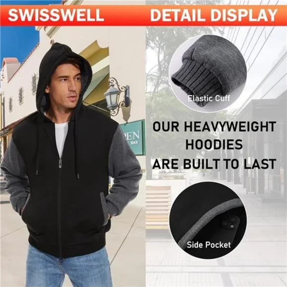 Men's Zip Up Hoodie Fleece Lined Jacket Winter Coat Sherpa Hooded Sweatshirt